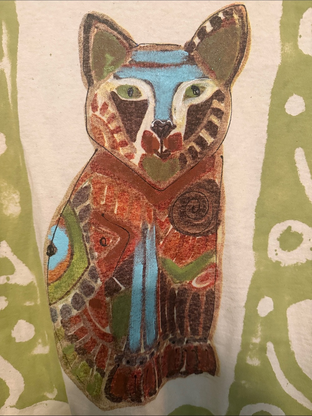 Epic Kawaii Artisan Hand Painted Cat Print Tunic in Olive & White with Pockets - Picture 7 of 9